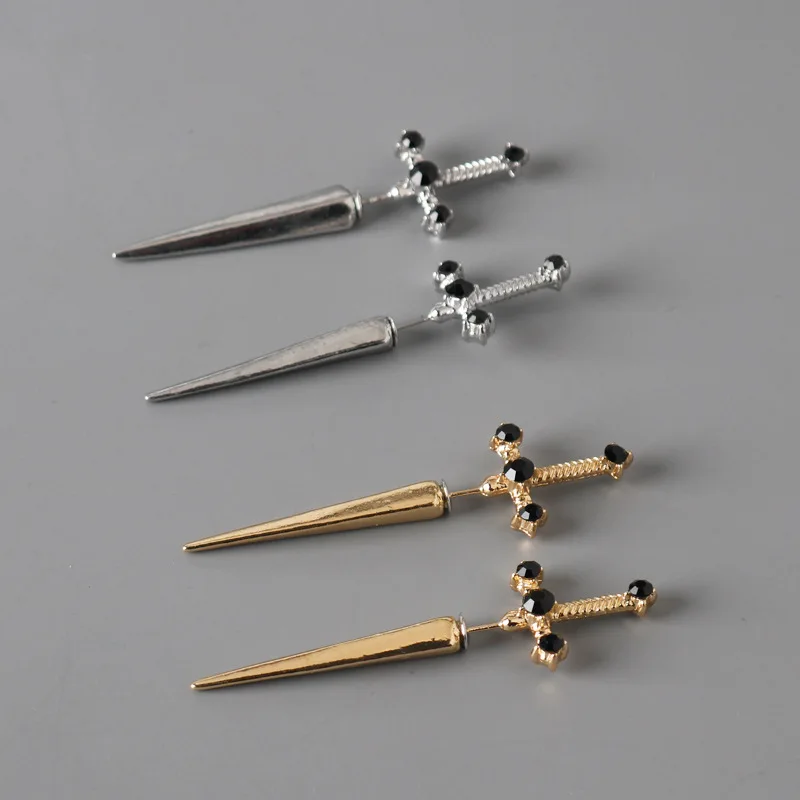 남성용 고딕 소드 귀걸이, 블랙 크리스탈 스터드 귀걸이, 힙합 파티 귀 쥬얼리