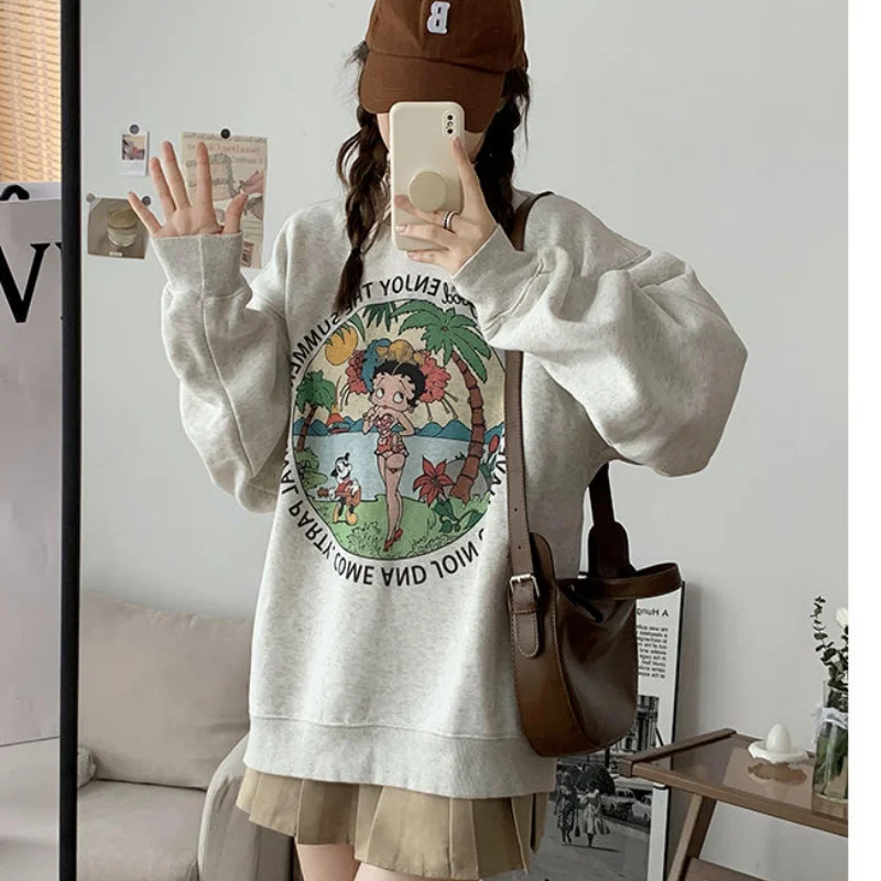 White Grey Retro Print American Cartoon Letter Cute Sweatshirt New Autumn Winter Baggy Pullover Girls\' Feeling Round Neck Top