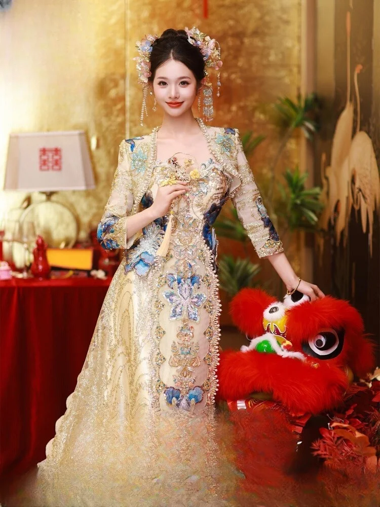 

Новое свадебное платье цвета шампанского для невест, тостов и в китайском стиле.