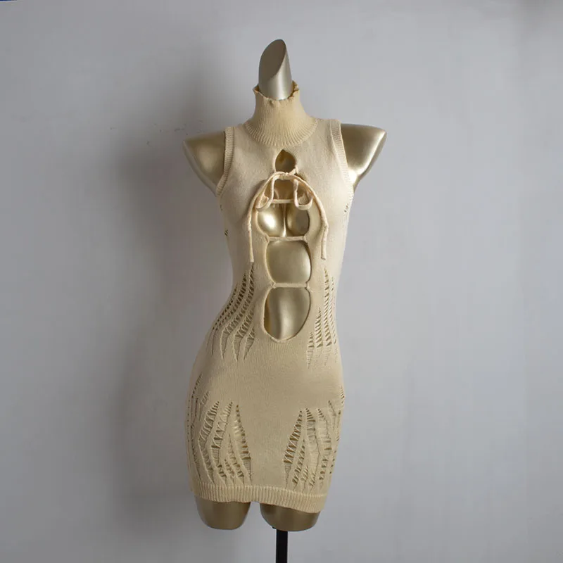 

Sexy Hollow out Knitted Dr with Belt High Collar mid Length Bodycon Skirt for Women Spring Summer Autumn Season Beachwear