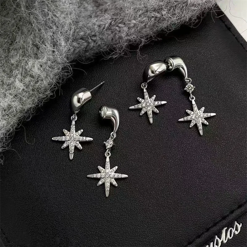925 Silver Plated Zircon Big Star Stud Earrings for Women Hypoallergenic Daily Wear Ear Piercing Jewelry eh320