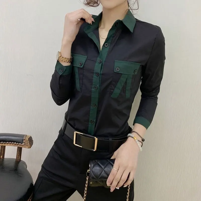 Spring Autumn Moto Biker Pockets Patchwork Blouse Casual Slim Solid Color Turn-down Collar Female Clothing Single-breasted Shirt