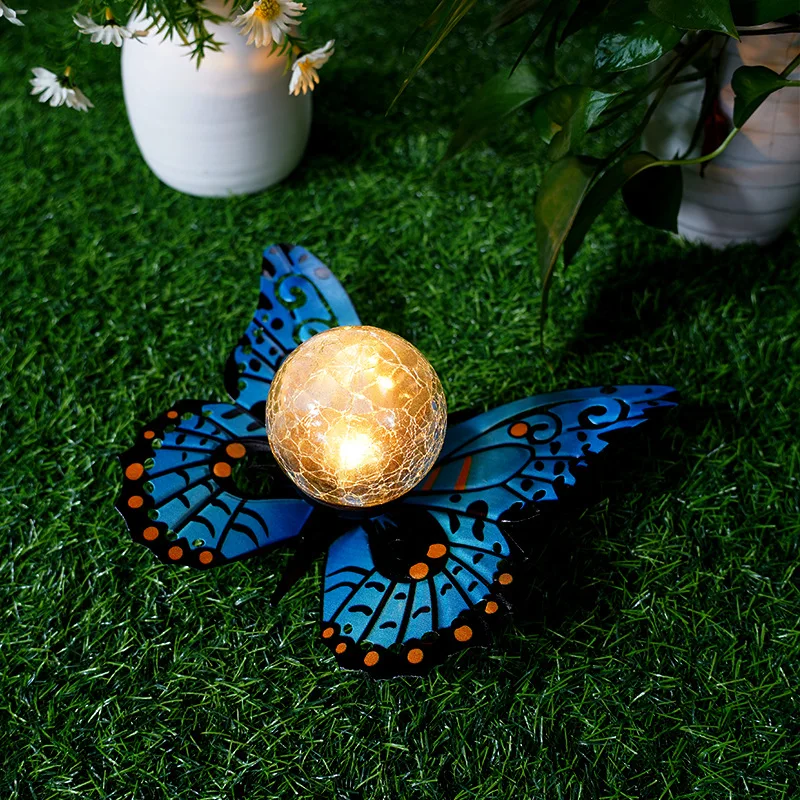 Metal Butterfly Garden Statues Sculptures Ornaments Solar Lights Outdoor Waterproof Cracked Glass Ball LED Yard Art Decor Gift