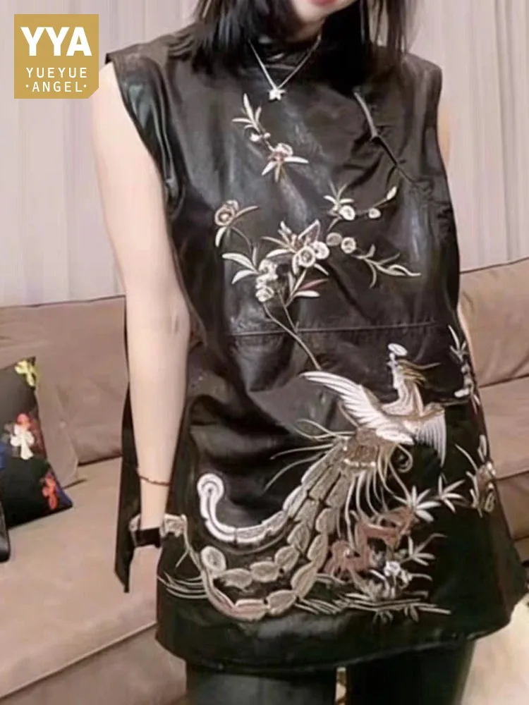 Women Black Oil Wax Cowhide Dresses Lady New Chinese Style Stand Collar Retro Above Knee Dress Sleeveless Loose A-line Sundress