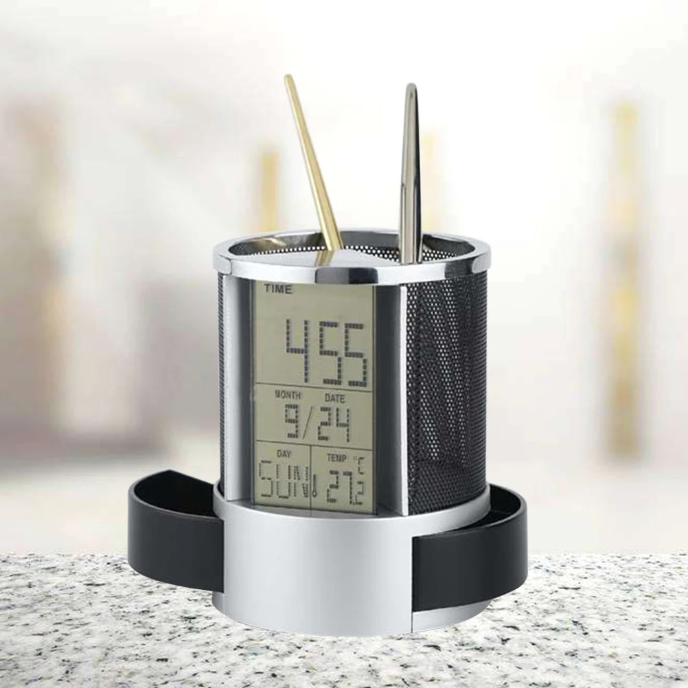 Electronic Clock Pen Holder Plastic Metal Multifunction Desk Organizer With Temperature Time Date Display Drawer Storage