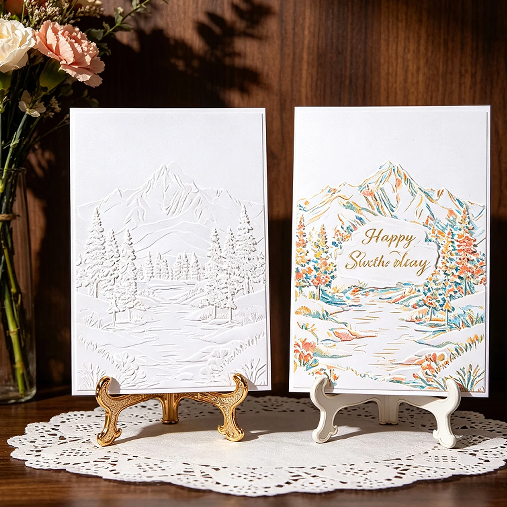 Nordic Snow Mountain Pattern Design Embossed Board Forest Stream Pine Forest Pattern Handmade Account Card Embossed Production M