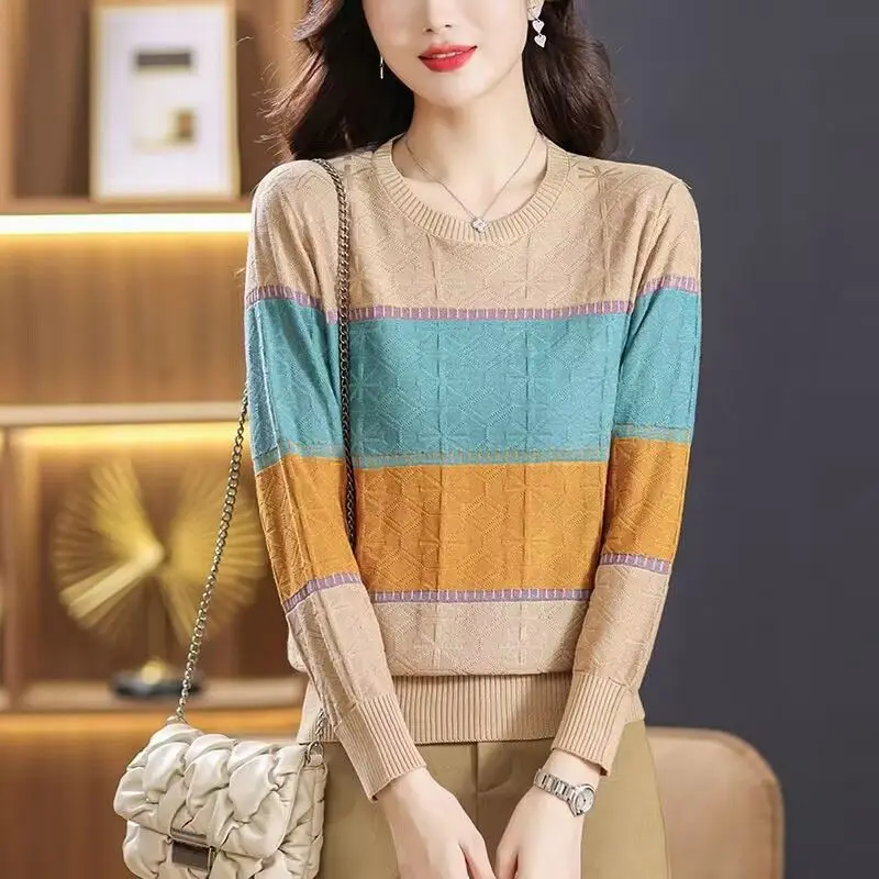 Autumn Winter Contrast Color Screw Thread Knitted Sweater Women\'s Clothing Round Neck Pullover Long Sleeve Casual Elegant Tops