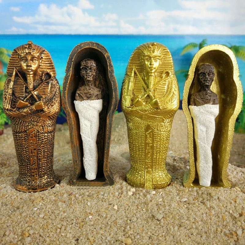 Ancient Egyptian Resin Coffin with Mummy Insert Figurine Egypt Pharaoh Statue Miniature Craft Collectible Decoration