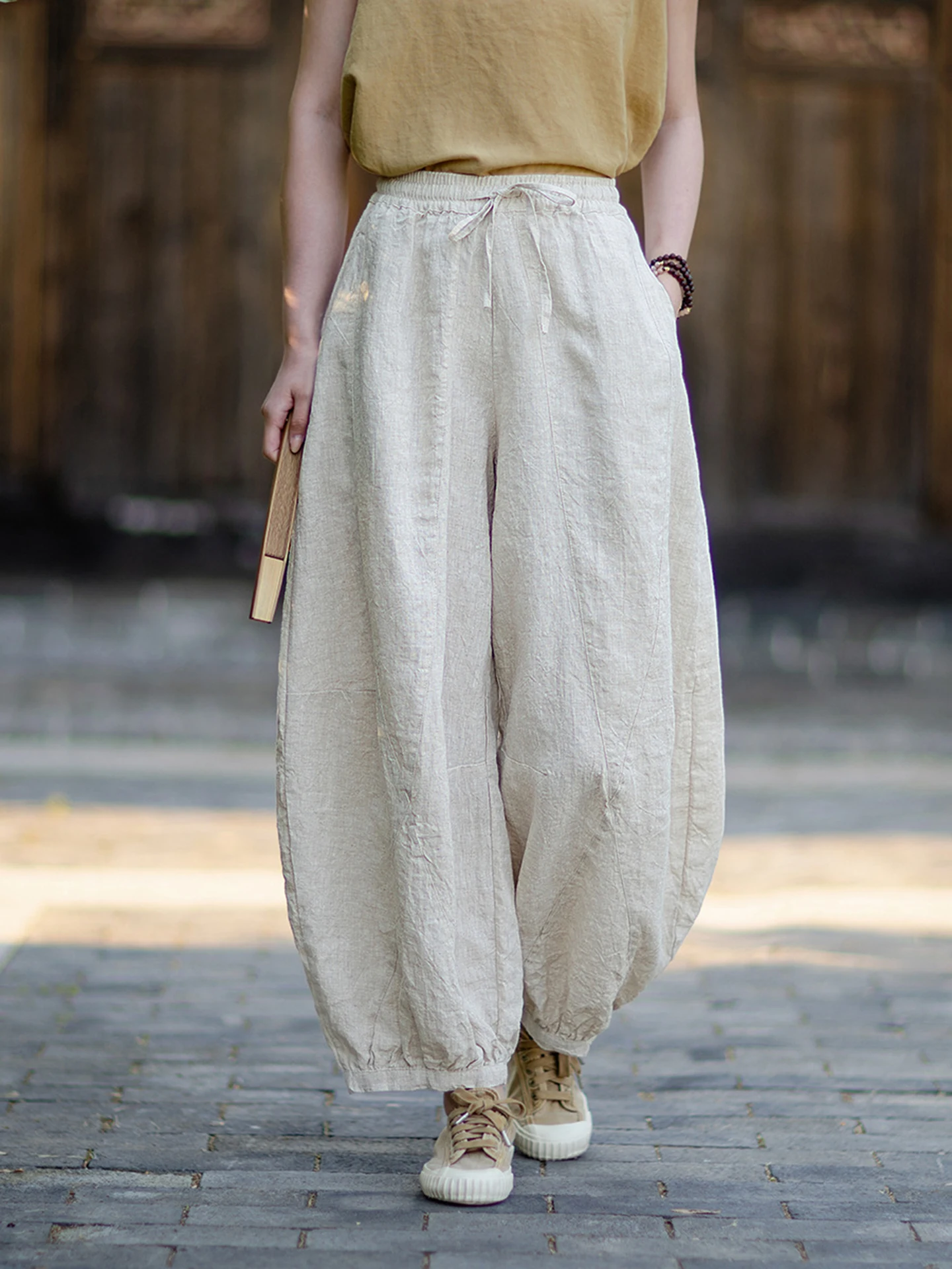 Loose Cotton Linen Lantern Pants Women Summer Elastic Waist Rope High End Linen Nine Points Artistic Style Casual Women Pants
