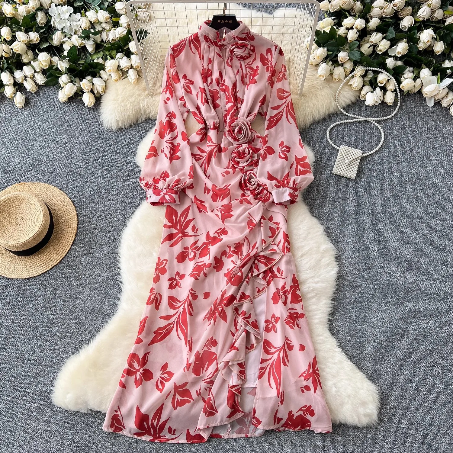 High Quality Women Summer Print Flower Stand Collar Lantern Sleeve Chiffon Casual Party Boho Holiday Dresses