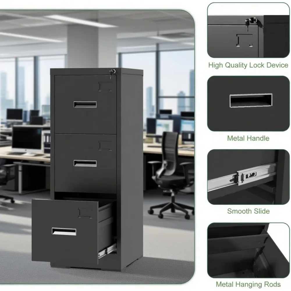 خزانة ملفات عمودية معدنية آمنة مع قفل، فتحات للبطاقات، مثالية للاستخدام المكتبي والمنزلي، تصميم نحيف للتخزين الموفر للمساحة