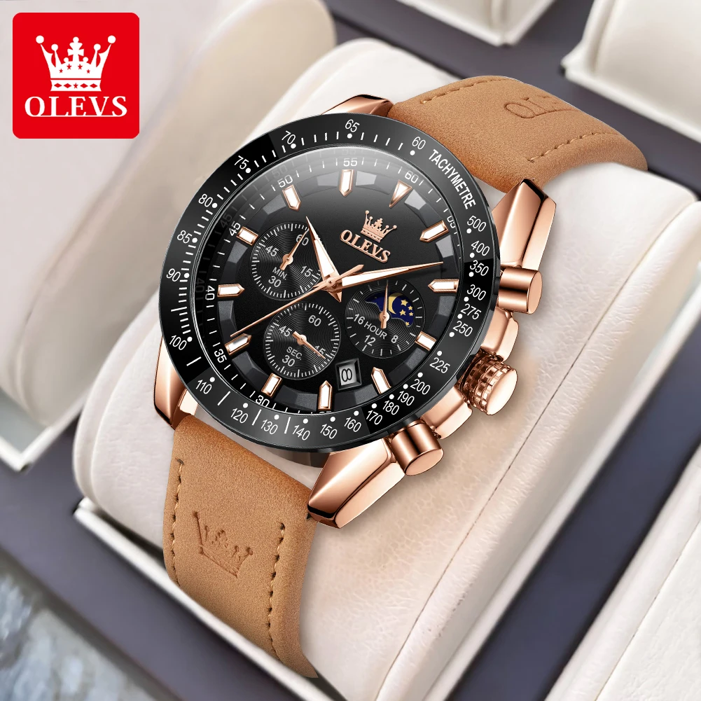 OLEVS 9957 Original Quartz Man Watch Moon Phase Chronograph Waterproof Leather Strap Sport Wristwatch Luxury Brand Men\'s Watches