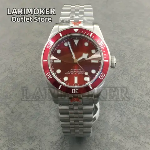 LARIMOKER NH35 39mm 자동식 남성용 시계 돔형 사파이어 100m 다이빙 빈티지 와인 레드 인서트 다이얼 슈퍼 루미 너스 시계