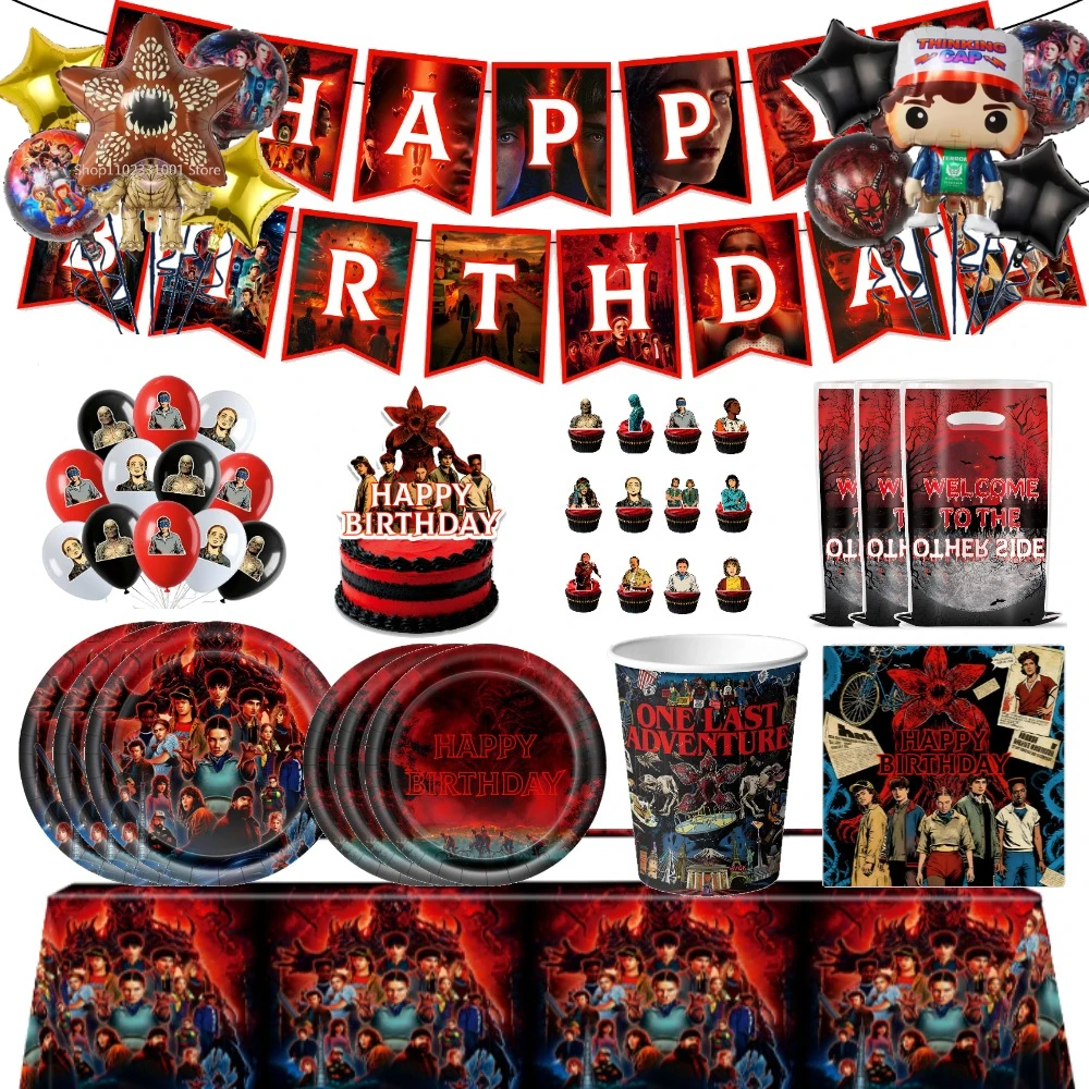 119pcs Stranger Red Theme Demogorgon&Flower Tableware Sets Birthday Party Supplies Party Plates Cups Birthday Party Decorative
