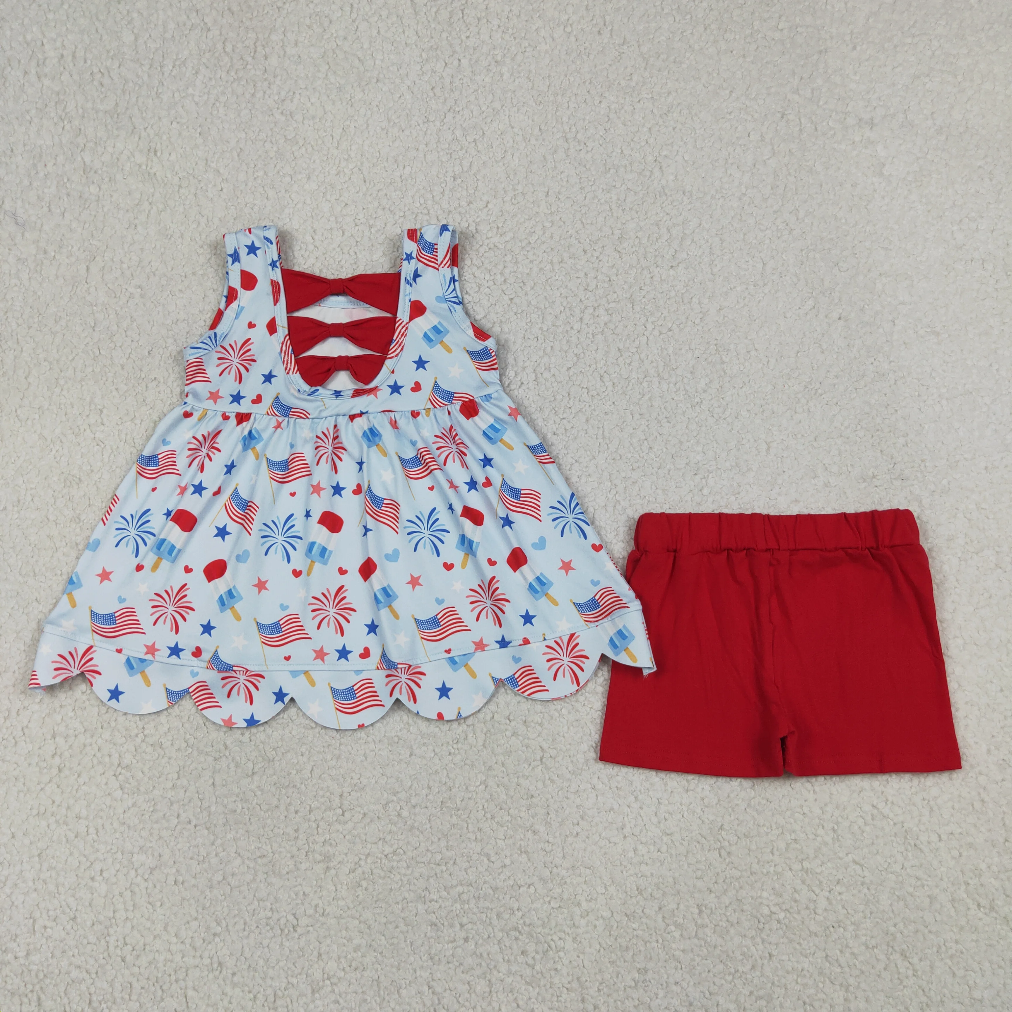 

Wholesale Toddler 4th of July Clothes Baby Girl Sleeveless Popsicle Flags Bows Tunic Red Cotton Shorts Outfit Kids Children Set