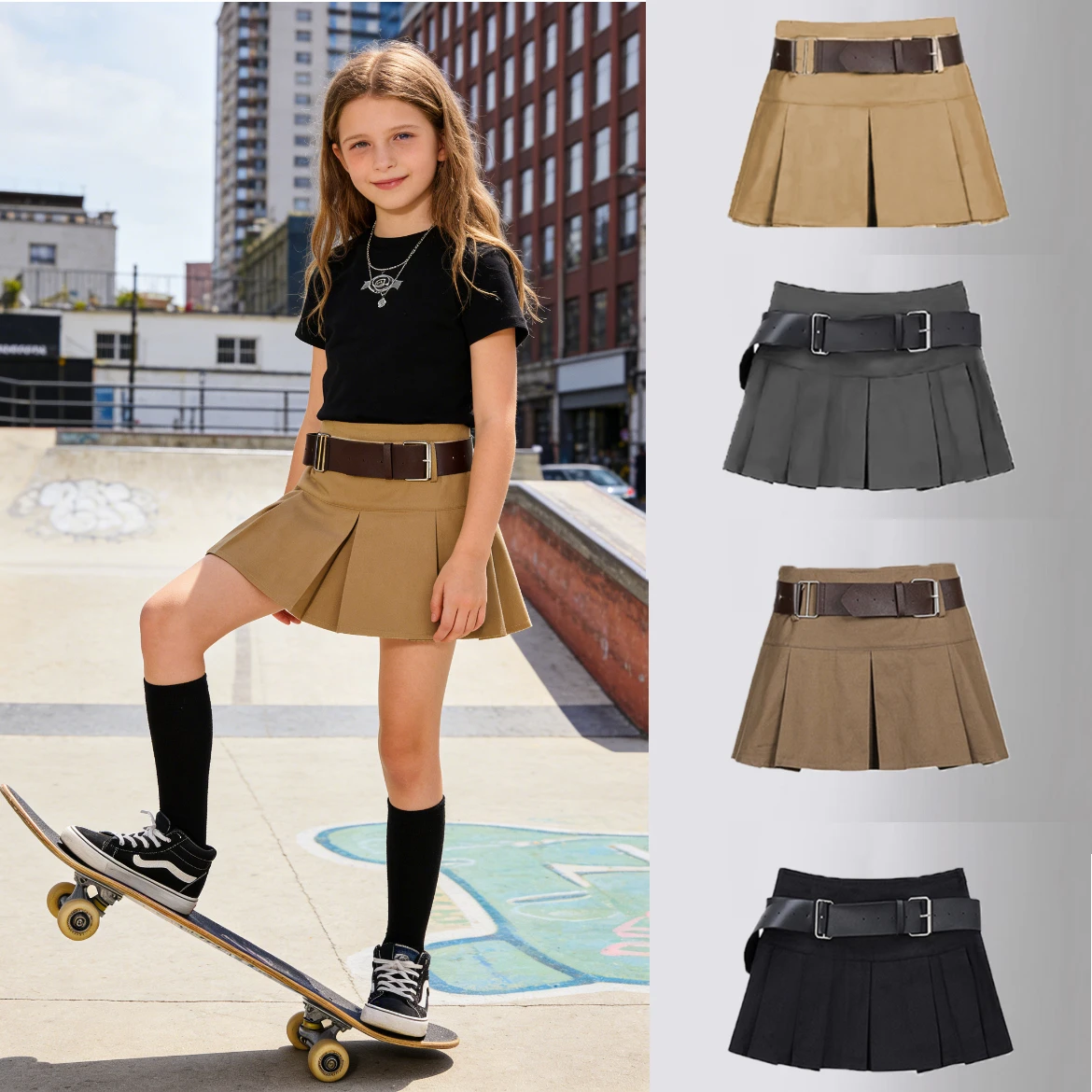 Girls Pleated Skirt Brown Casual All-match Cargo Skirt for Kids 3-13 Years Children Short A-line High Waist Tutu Skirt with Belt