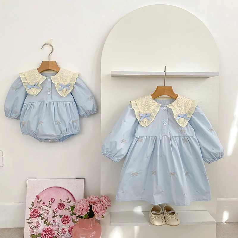 

Spring Girls Long Sleeve Sweet Sisters Embroidery Dresses Autumn Infant Rompers Kids Birthday Baby Girl Princess Clothes Rompers