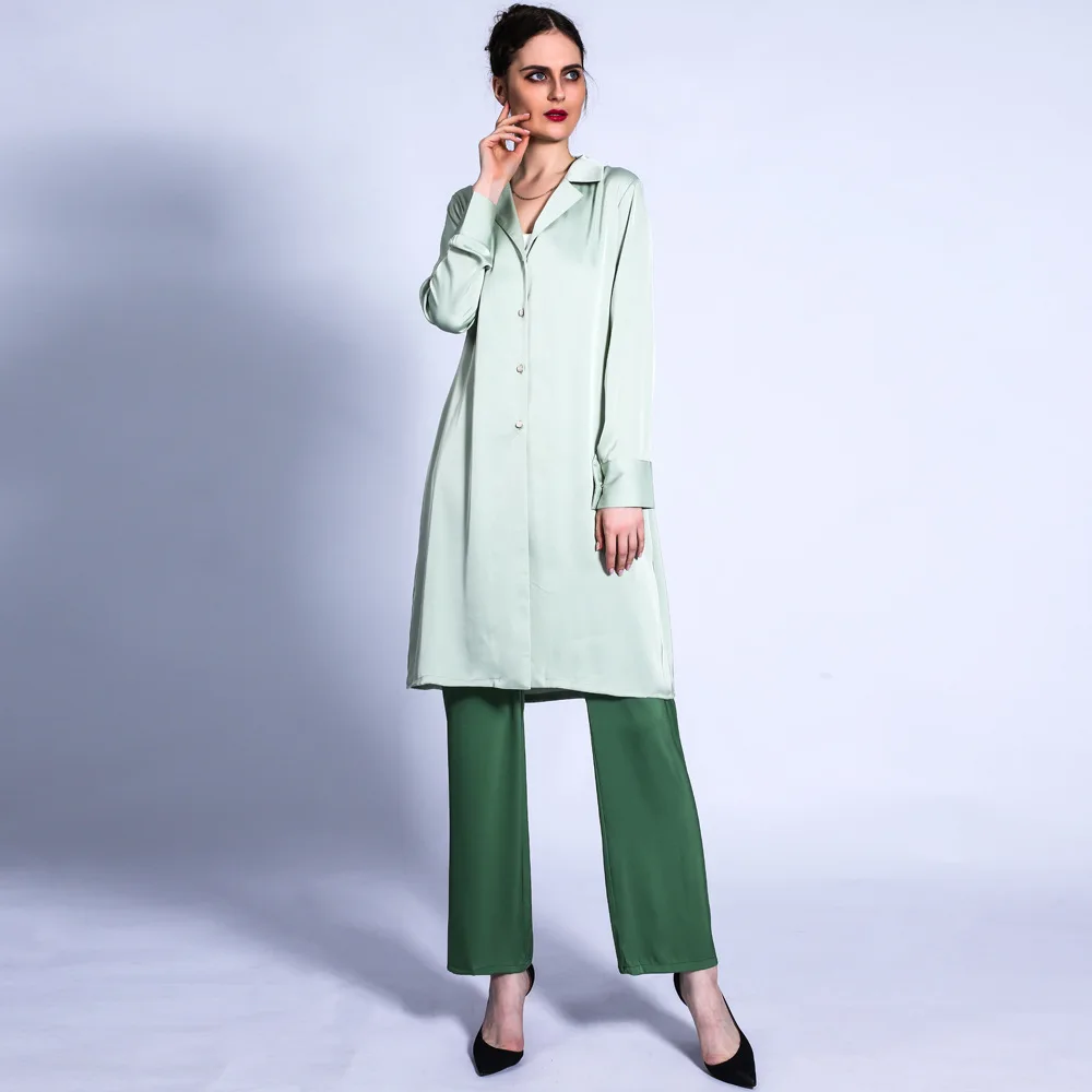 2PCS Women Fashion Muslim Sets Elegant Long Sleeve Turn Down Collar Long Tops and Wide Leg Pants Sets Casual Trousers Women Set