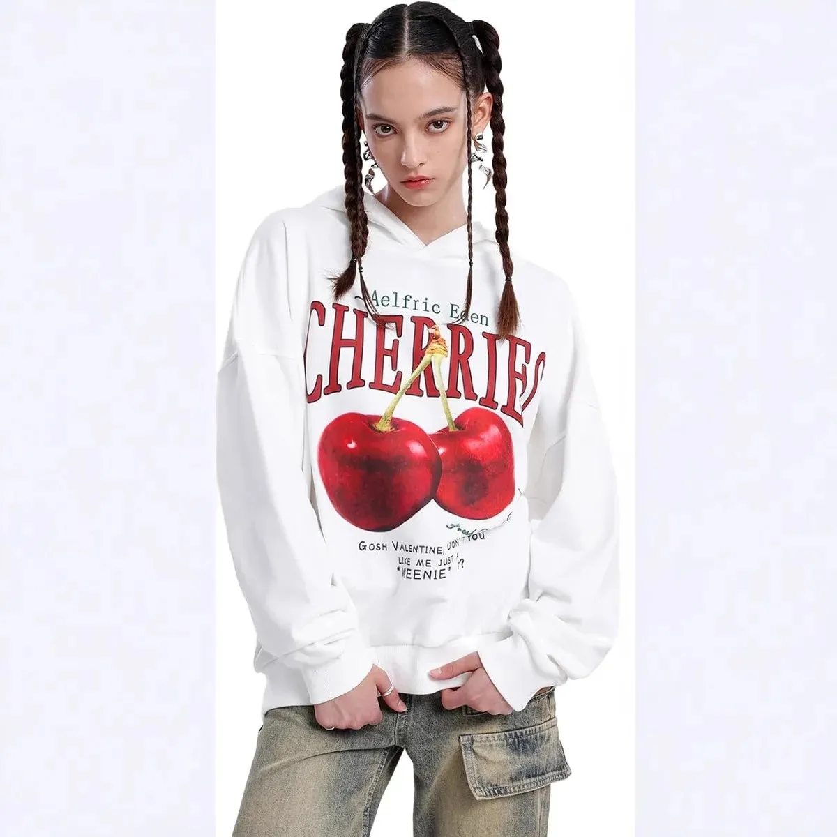 Aelfric Eden Cherry منقوشة هوديي نمط الشارع ملابس رياضية علوية عصرية بقلنسوة كاجوال فضفاضة تناسب الشتاء البلوز
