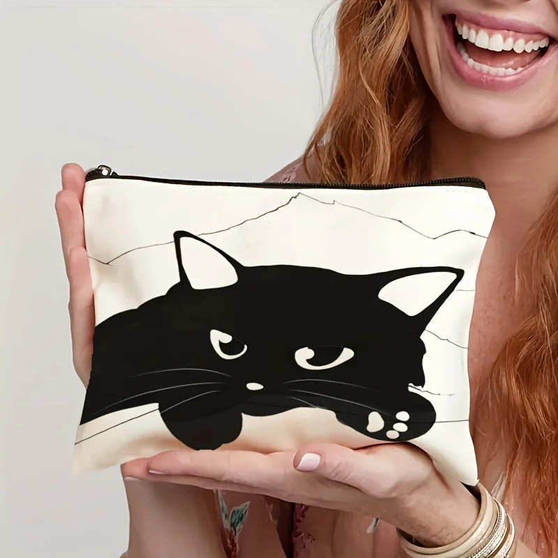 Urocza kosmetyczka z motywem kota - damska, wielofunkcyjna saszetka na zamek błyskawiczny, etui na biżuterię.