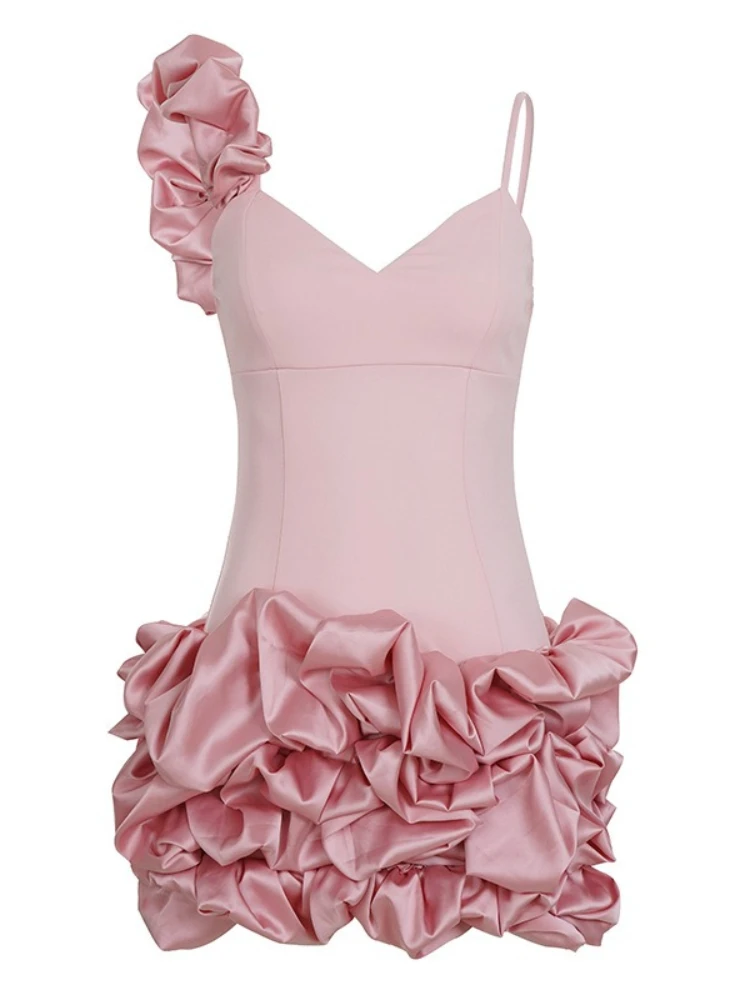 ピンクサテンフリルミニドレス レディース エレガント スパゲッティストラップ ノースリーブ Vネック スリムウエスト ラッフルミニドレス デート パーティー用