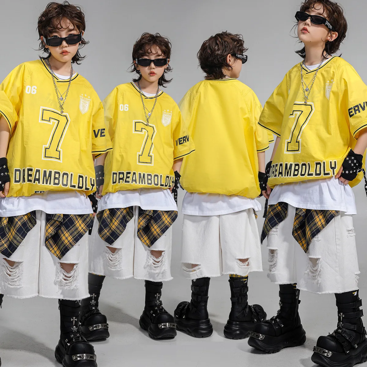 

Kid Kpop Hip Hop Clothing Yellow V Neck Elastic Hem Top T Shirt White Distressed Shorts for Girl Boy Jazz Dance Costumes Clothes