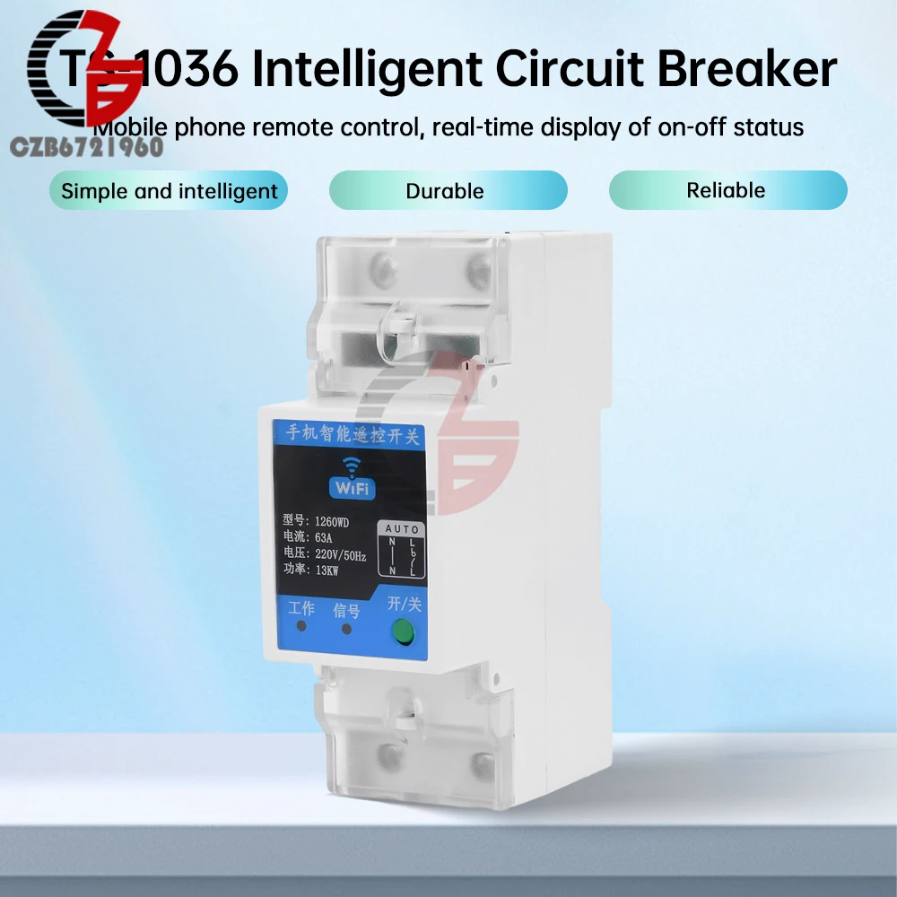 AC220V Smart Circuit Breaker Over Current Under Voltage Protection Power Metering 2P 0-63A Wireless Remote Control Switch