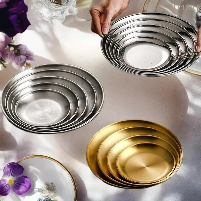 1PC Thickened New Stainless Steel Disc Golden Cafe Tray Dining Disc Fruit Meat Dessert High Quality Round Plate Shallow Tray