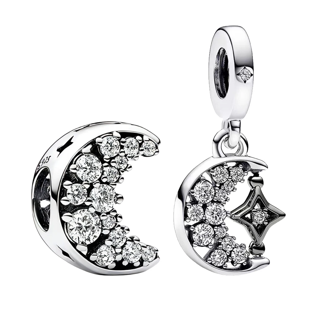 925 Silver Sparkling Crescent Moon & Spinnable Star Dangle Charm fit Barcelet DIY Women Birthday Valentine's Day Jewelry Gift