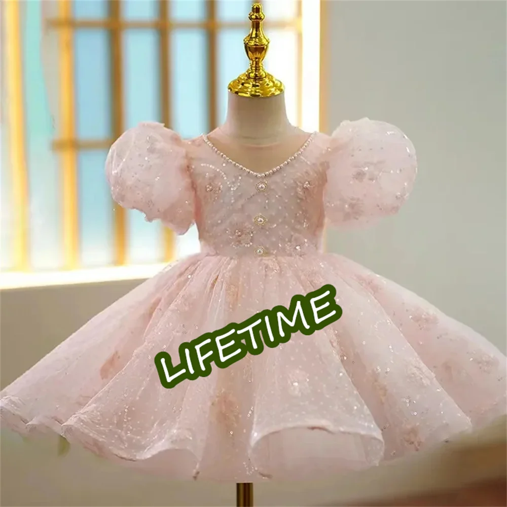 Linda princesa frisada rosa vestido de baile, vestido para menina, arco, pescoço puro, primeira comunhão, baile, flor, 2023