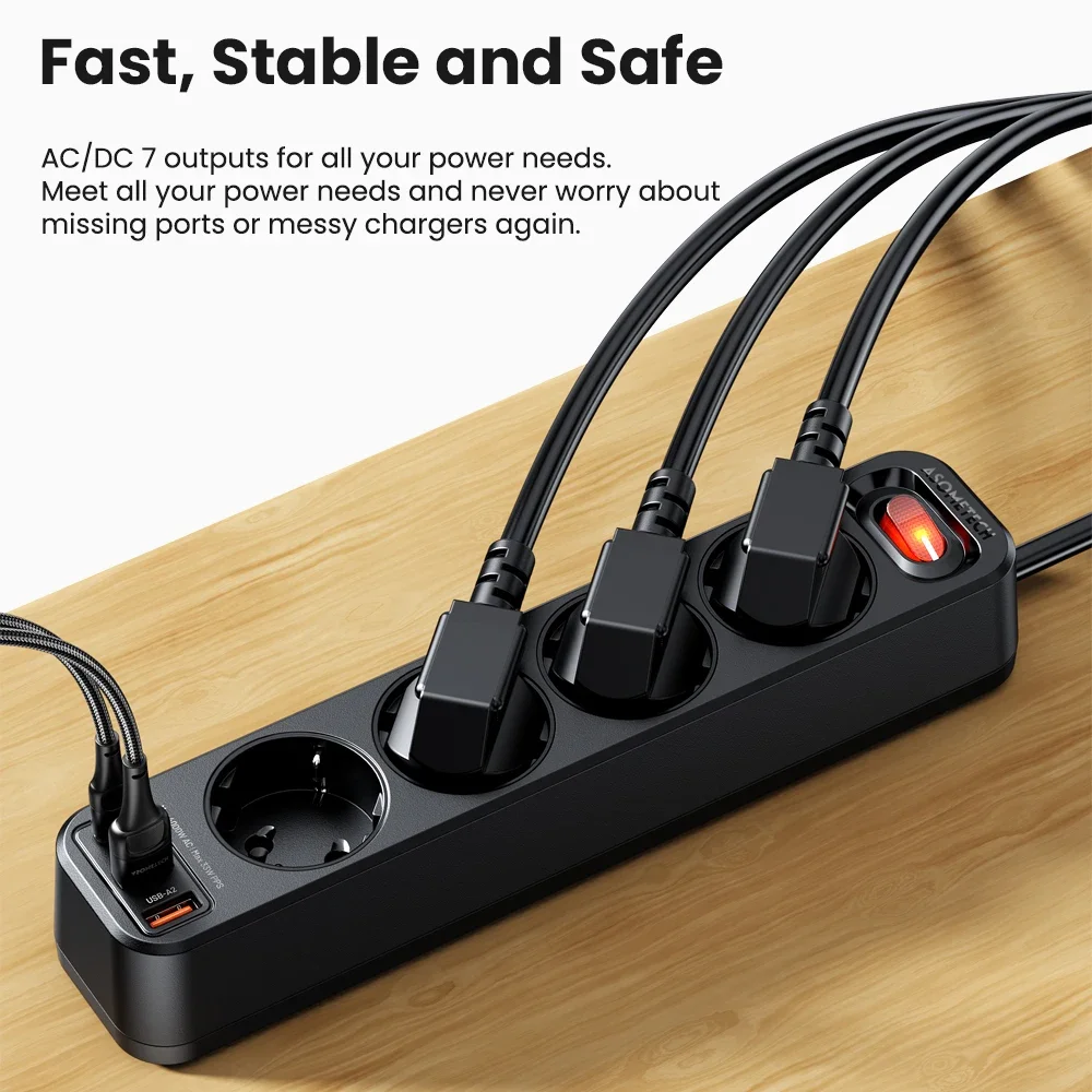 4000w 4AC Power Strip Multi Outlet 1.5M Extension Cord Fast Charging Surge Protector With 3 USB PD 33W PPS Ports Charger Adapte