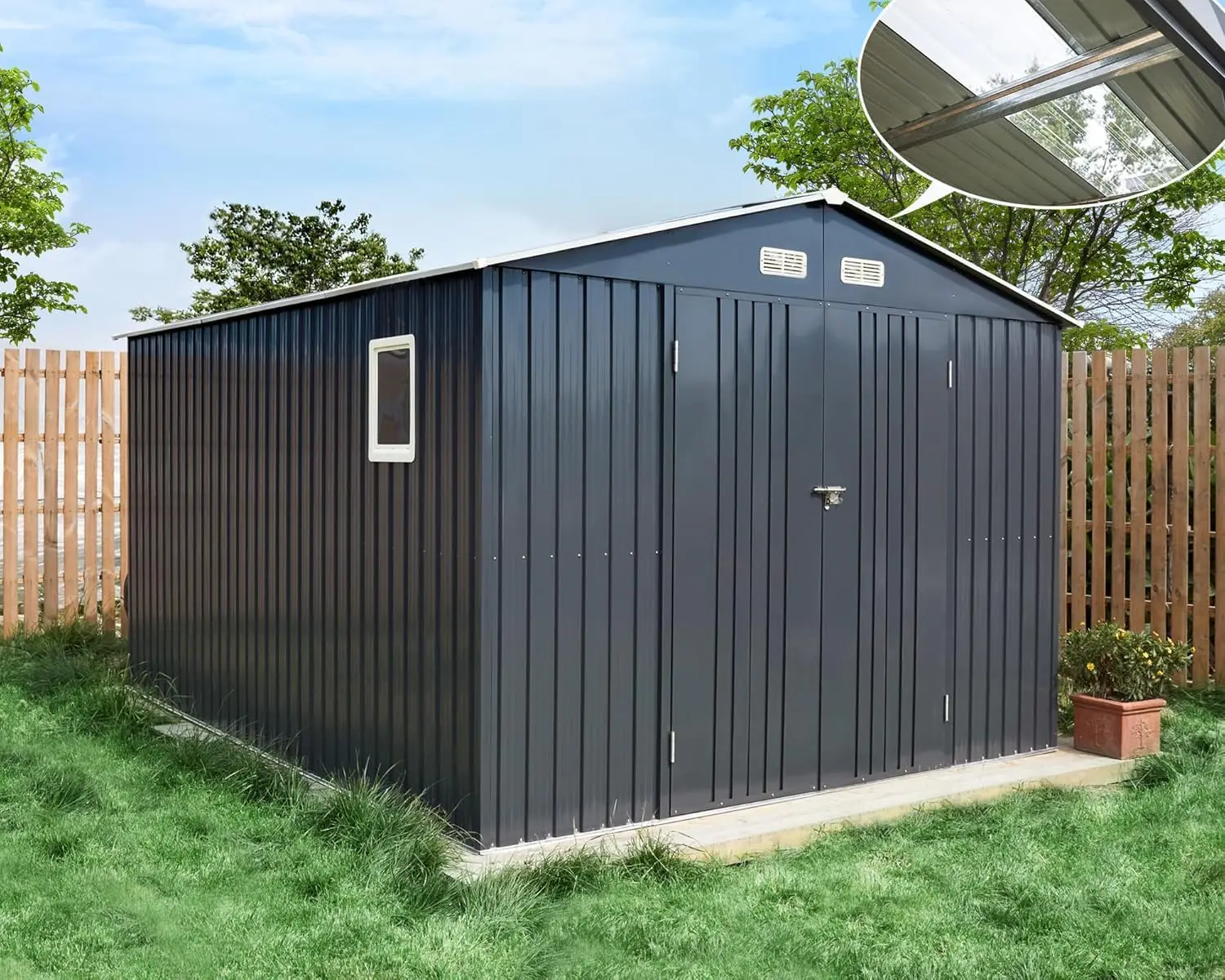 

10x12x7.5 FT Outdoor Storage Shed, Galvanized Steel Metal Garden Sheds with 2 Light Transmitting Window and Double Lockable Door