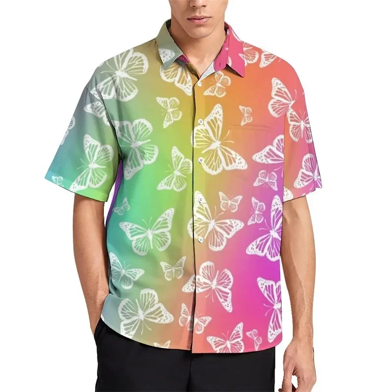 2024 fashion new men's short-sleeved shirts, casual shirts, oversized beach shirts, 3D printing, butterfly patterns, summer men'