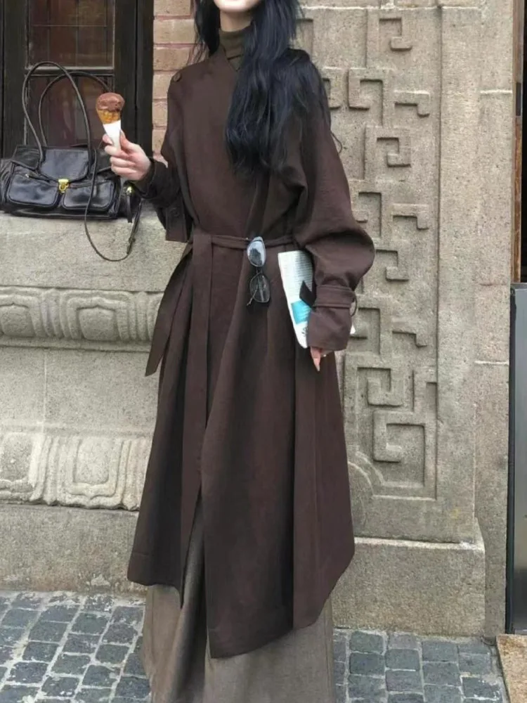 [oein] Hepburn Style High-end Coat, Long Sleeved Coat Tie Up Waist, Brown Windbreaker