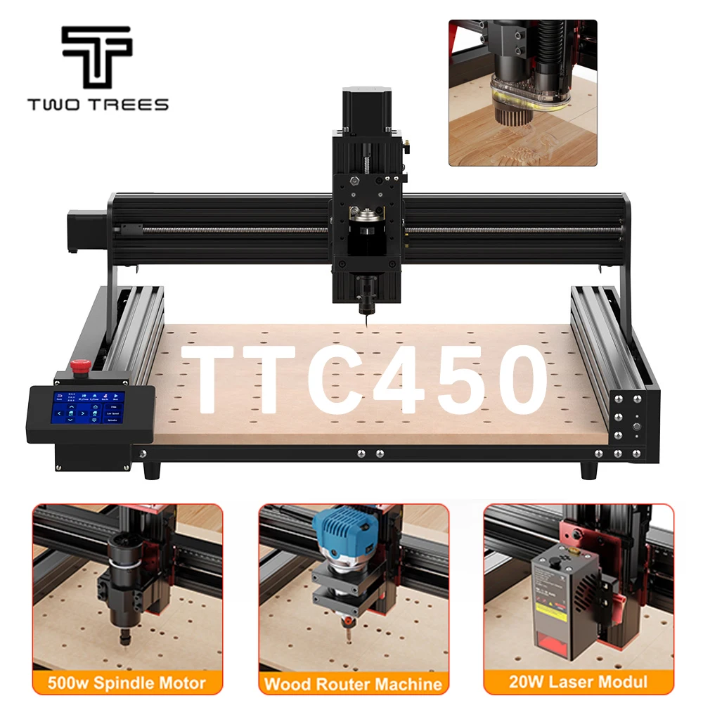 Twotrees CNC Router Milling Cutting Machine 3-Axis/4-Axis TTC450 Laser Engraver For Acrylic PCB Wood PVC MDF Glass Metal Jewelry