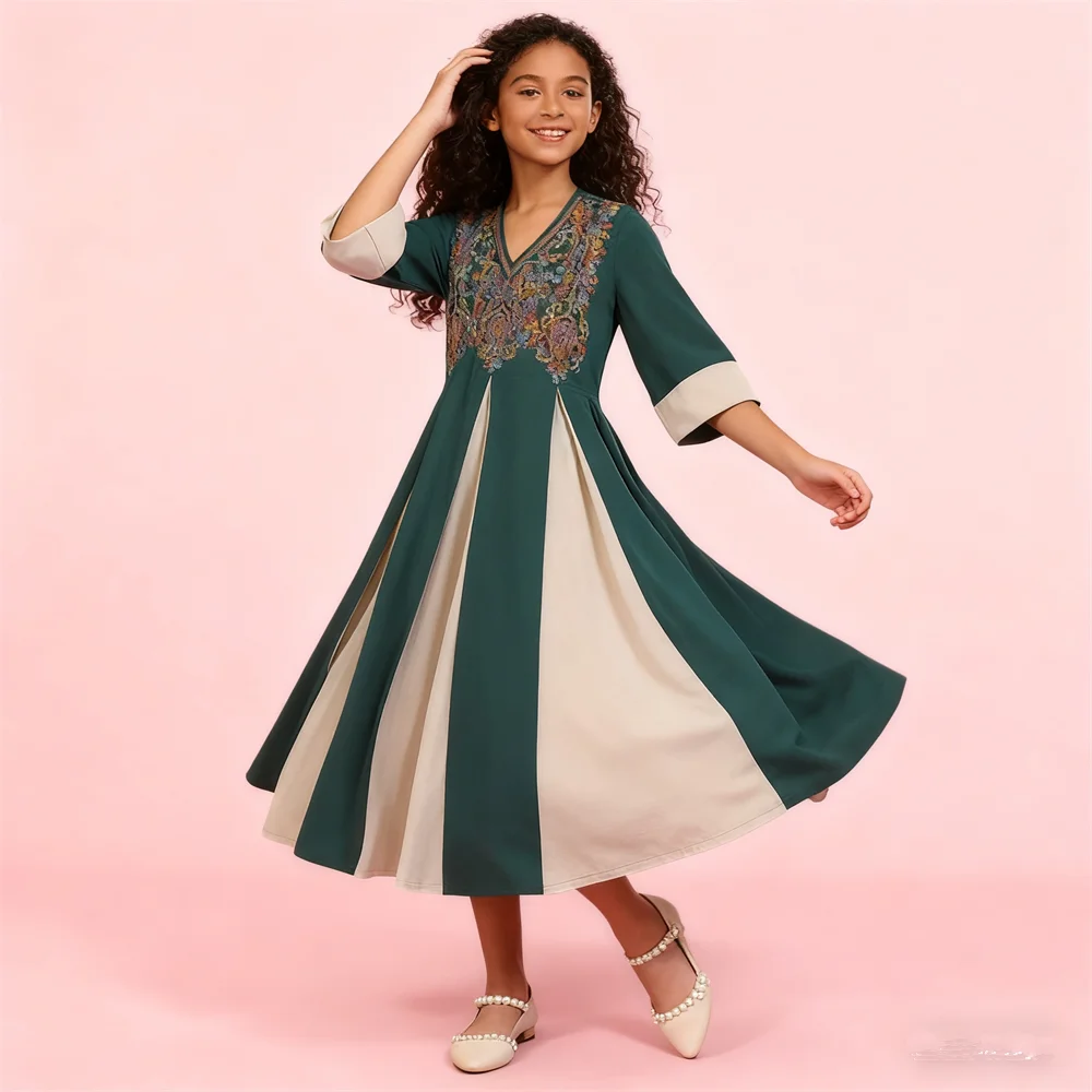 

Элегантное свободное платье с вышивкой для детей, праздничные платья для девочек, Ближневосточная мусульманская Абая, Дубай, кафтан, ислам, Джалабия, Джеллаба