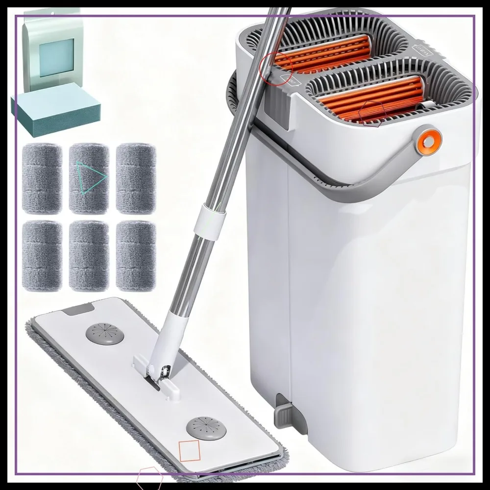 

Large Adjustable Mop and Bucket Set with 6 Washable Microfiber Pads, Extends to 74 Inches for Floor and Wall Cleaning