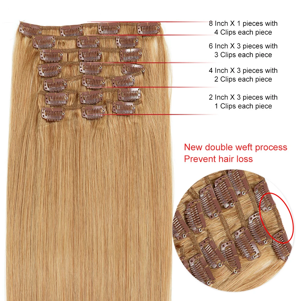 Extensiones de cabello rubio con Clip para mujer, extensiones de cabello humano 100% Remy, postizo con Clip, 24 pulgadas, 10 piezas, #27