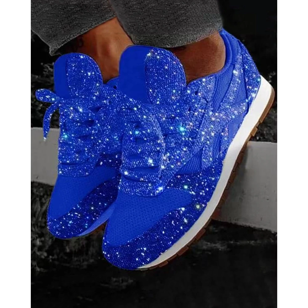 Women Bling Contrast Sequin Breathable Mesh Lace-up Sneakers Daily Casual Round Toe Flat Sports Shoes Spring Fashion Going Out