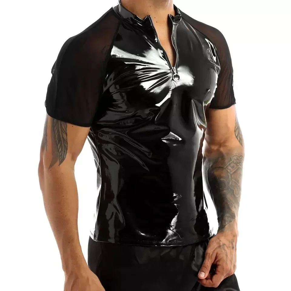 Men Black Wet Look Mesh PVC Leather Shirt Tops Short Sleeve Half Front Zipper T-Shirts Male Clubwear Latex Dance Stage Costumes