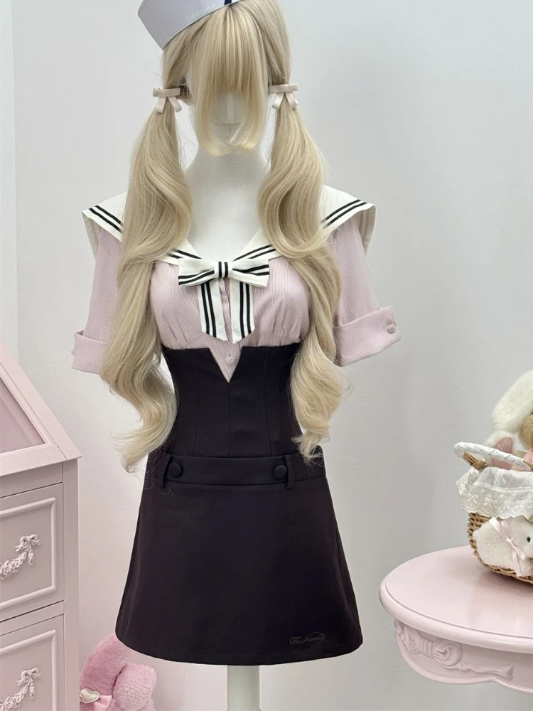 

Элегантный комплект из 2 предметов в консервативном стиле Kawaii, женский летний костюм Y2k с мини-юбкой в стиле ретро, женский шикарный корейский популярный костюм