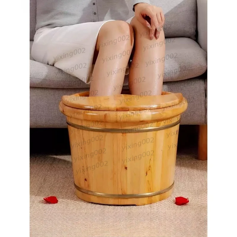 Thick‑wall Cypress Wood Foot Soak Bucket With Lid, Insulated Wooden Foot Basin 26cm for Home Spa