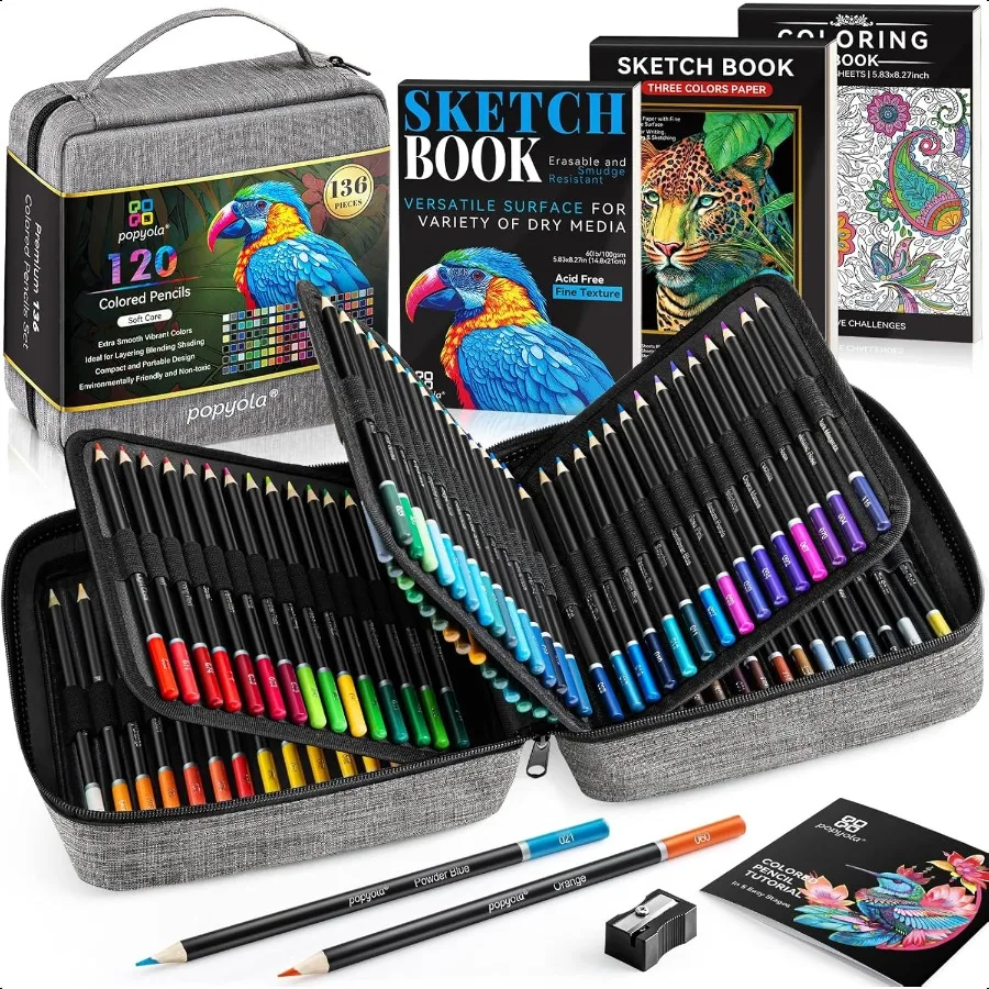 

136 PCS Colored Pencils Set for Adult Coloring Books 120 Colored Pencils with Sketchbook Coloring Book Sharpener Soft Core OilB