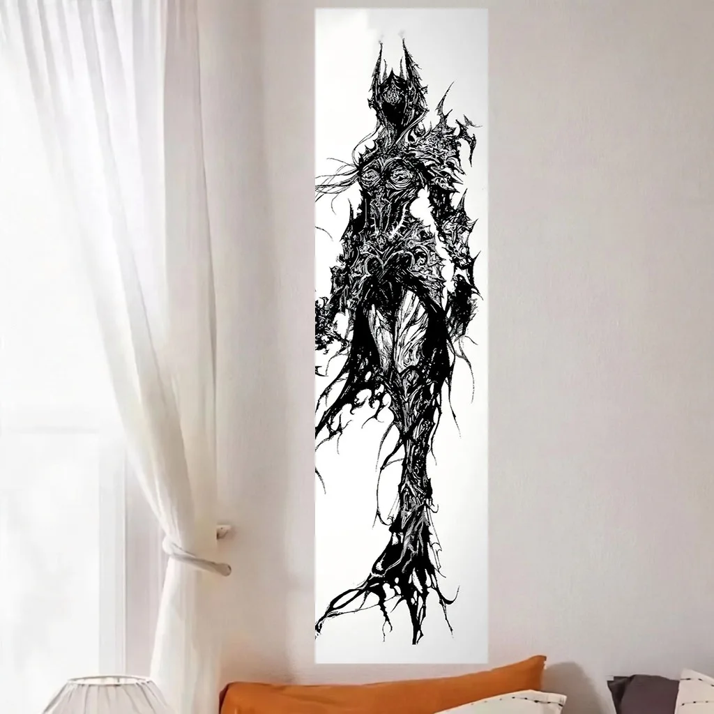 Dark Gothic Ink Sketch Demon Queen Tapestry Monochrome Thorn Creature Bedroom Dorm Occult Dark Aesthetic Room Decor Gift