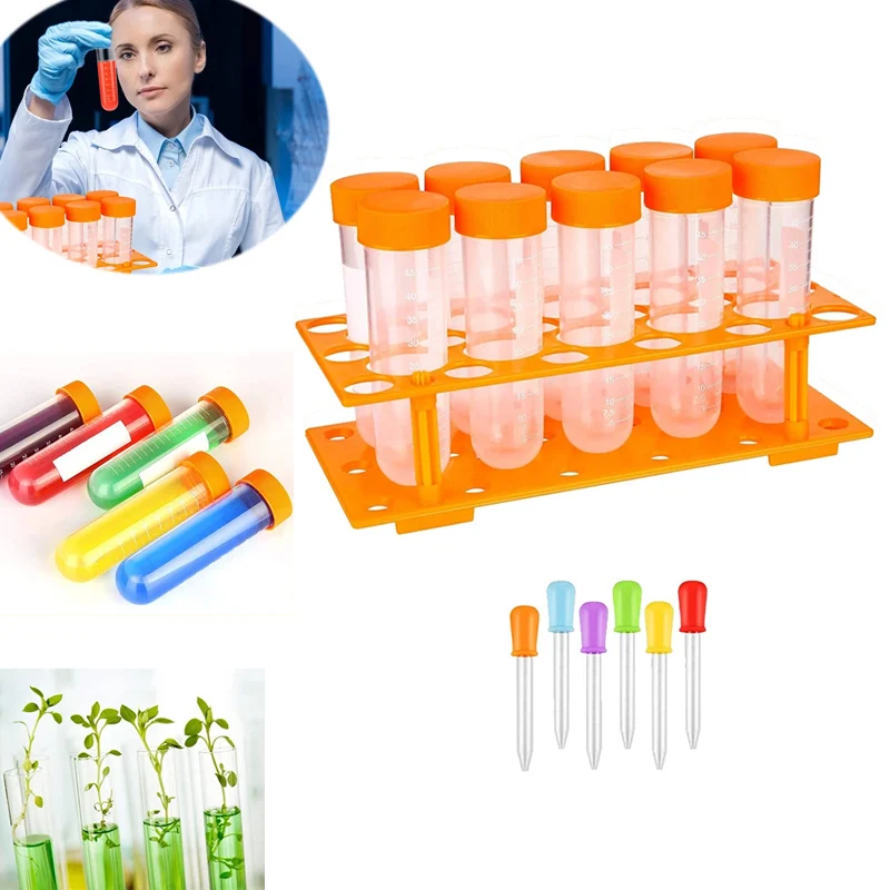 Kids Plastic Test Tubes Droppers Learning Education Primary Science Test Tubes and Holes Holder Rack Nurse Party Decoration