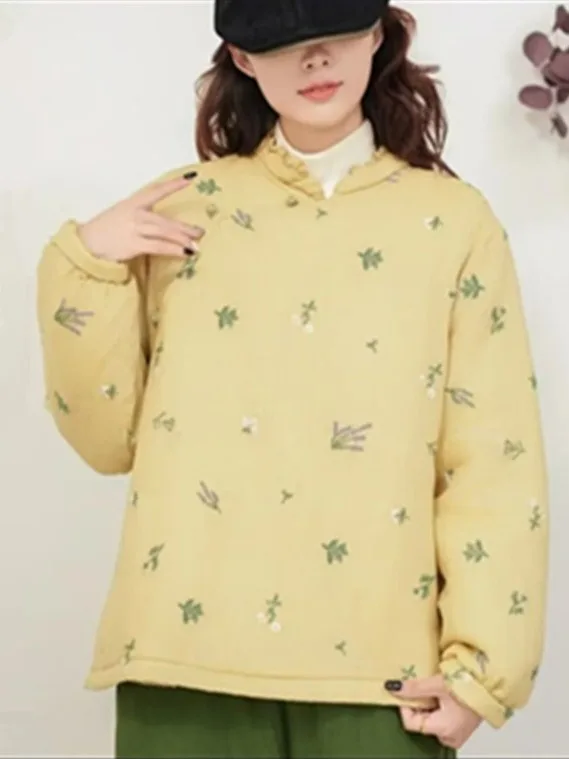 

High-End Women's Winter Cotton Jaet Embroidered Buttoned Side Slit National Sle Thiened Long Sve round Ne Coat