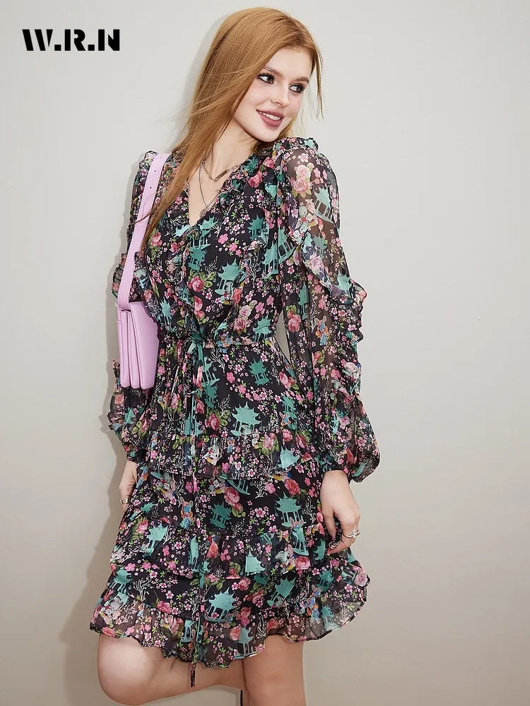 2025 Spring Causal Sexy Long Sleeve V-neck Mini Dresses Women's Floral Printting Chic High Waist Lace-up A-Line Hotsweet Dress