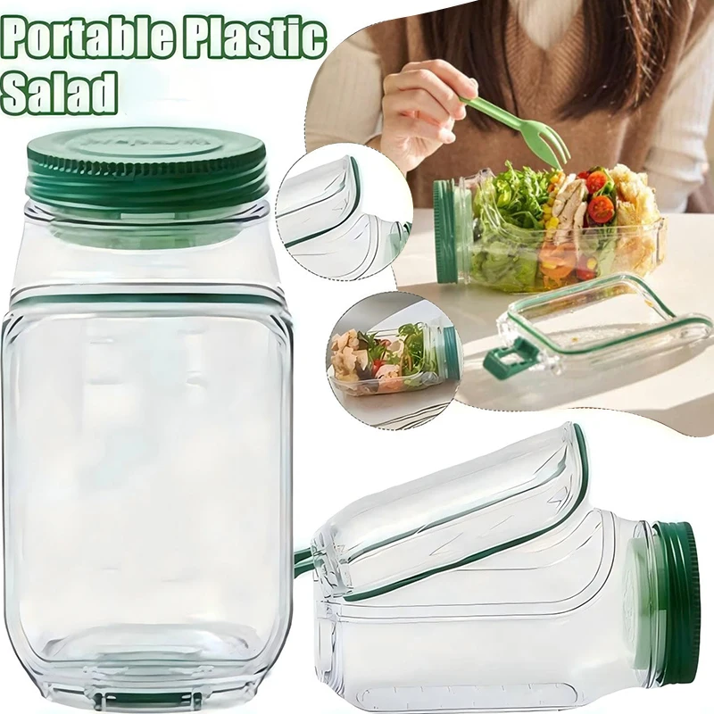

Salad Jar With Fork,Mason Jar Salad Container With Side Opening,Salad Container With Fork, Dressing Bowl, Sauce Compartments