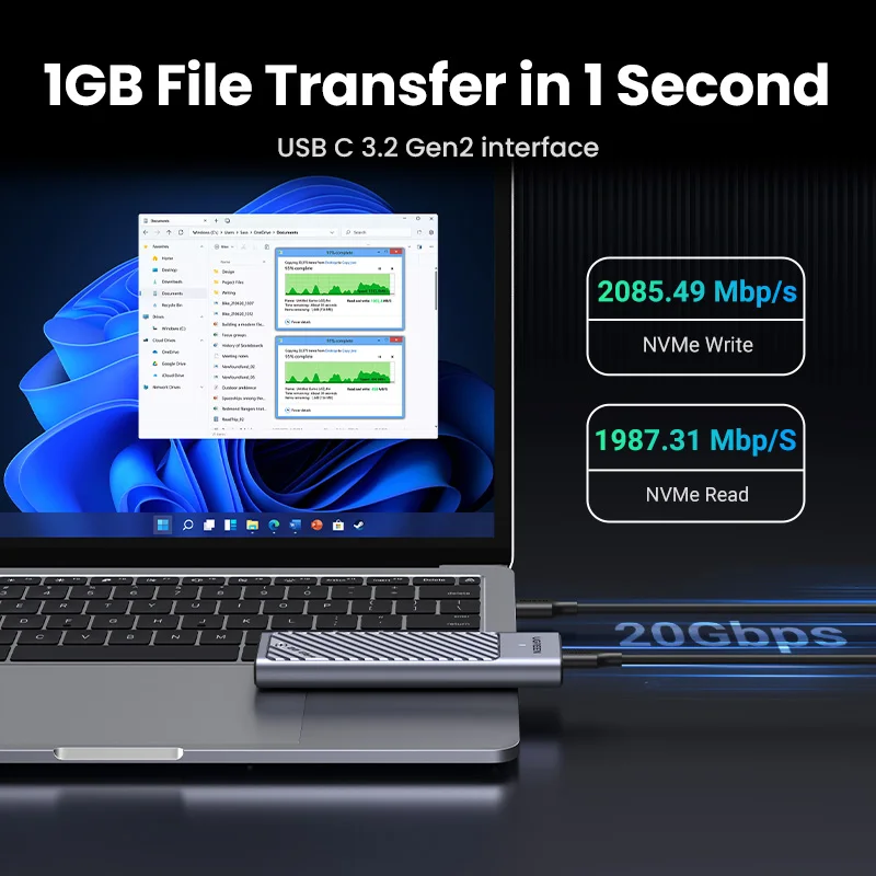 UGREEN M2 SSD Case M.2 NVMe SATA SSD Enclosure Adapter 20Gbps USB 3.2 Gen2 USB C External Enclosure Supports M and B&M Keys