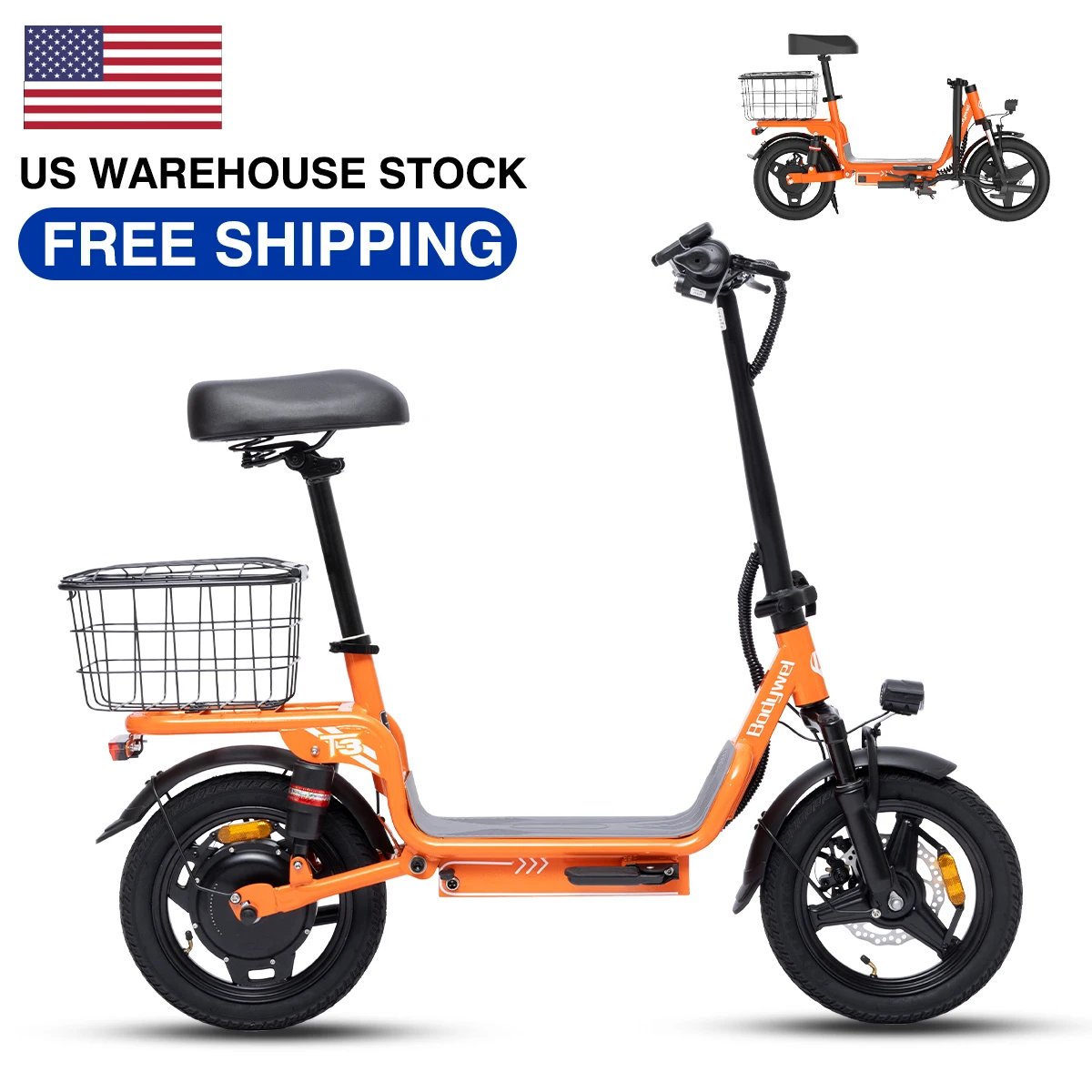 

Bodywel T3 14" Folding Electric Bike for Adults, 48V 10.4AH E scooter with Seat, Foldable Electric scooter with Basket Commuting